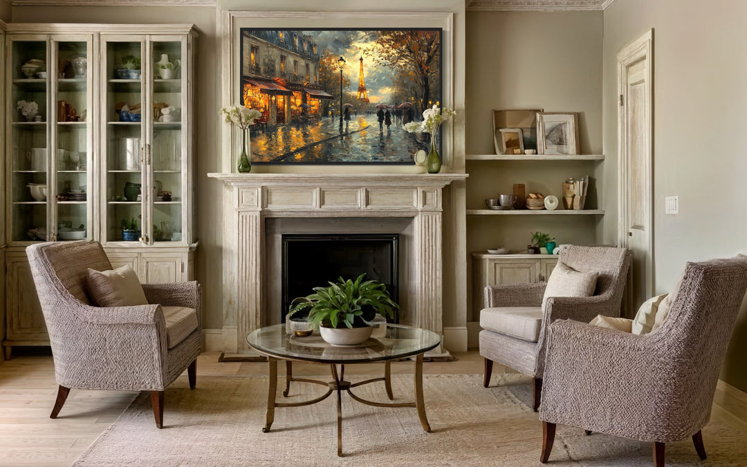 Rainy Paris street scene with the Eiffel Tower on a framed canvas above a fireplace.