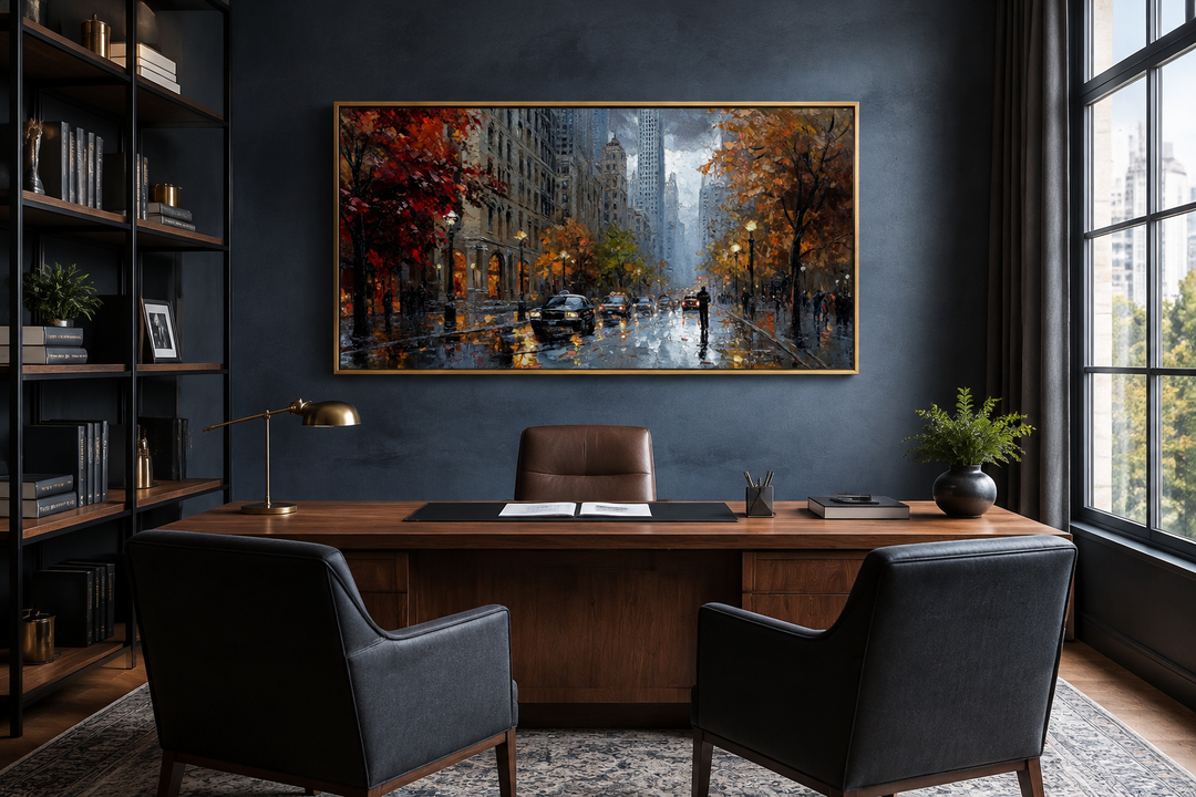 Rainy Chicago Street Framed Canvas Wall Art hanging in a dark blue modern office above a wood desk.