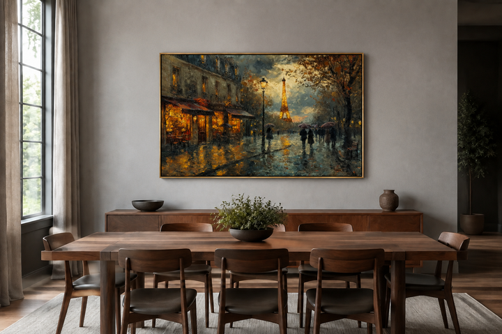 Rainy Paris street with Eiffel Tower romantic framed canvas wall art above a wooden dining table.