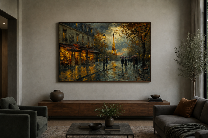 Framed canvas wall art of a rainy Paris street at night with the Eiffel Tower in the background.