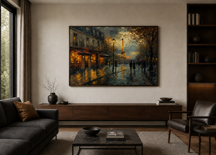 Framed canvas wall art of a rainy Paris street at night with the Eiffel Tower in the background.