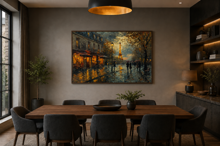 Rainy Paris street with Eiffel Tower framed canvas wall art hanging in a modern dining room.
