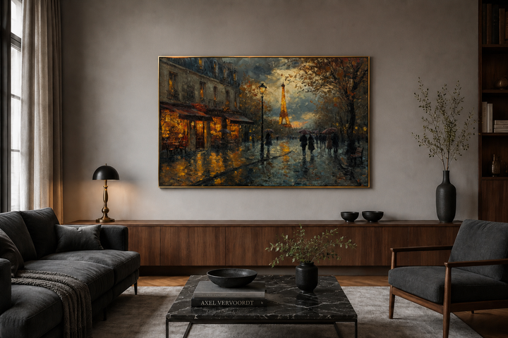 Rainy Paris street with Eiffel Tower romantic framed canvas wall art in a modern living room.