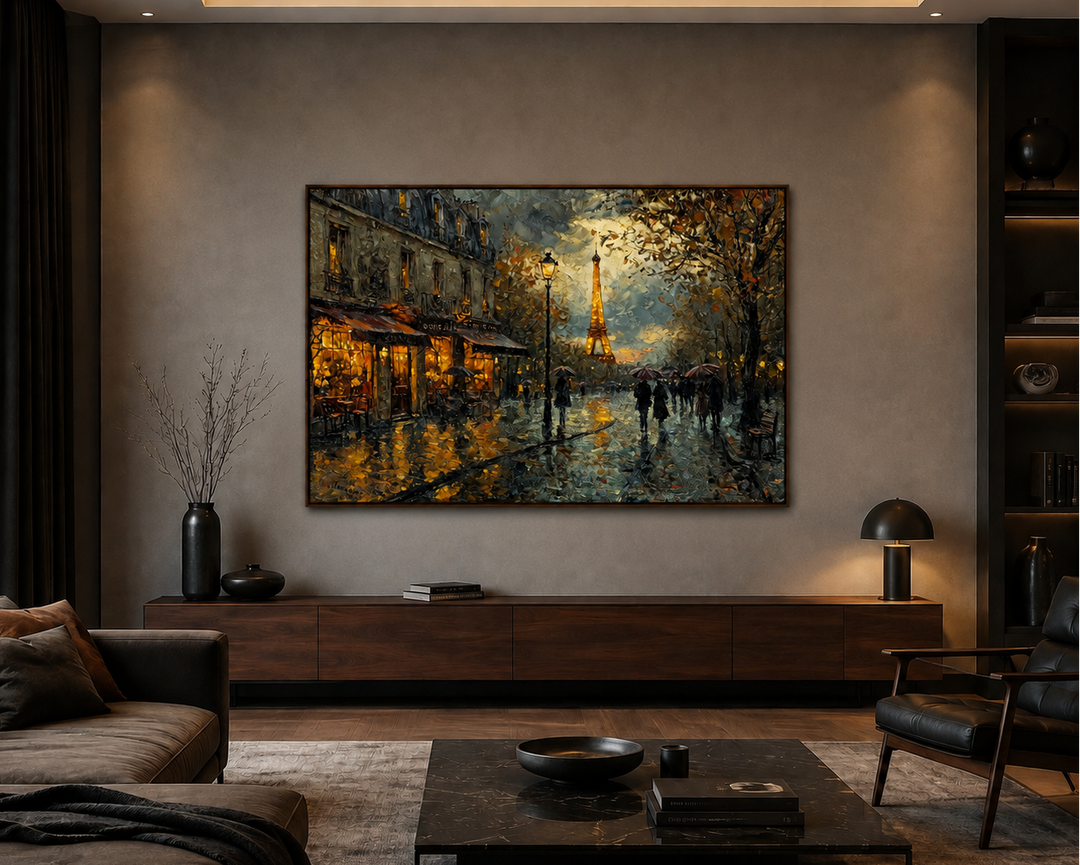 Framed canvas wall art of a rainy Paris street with the Eiffel Tower in warm golden tones.