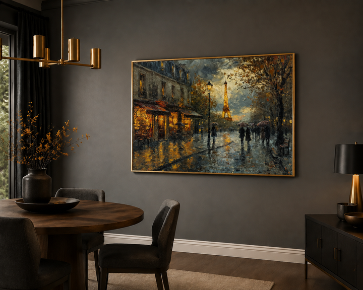 Rainy Paris street scene with Eiffel Tower framed canvas wall art in a dark, modern dining room.