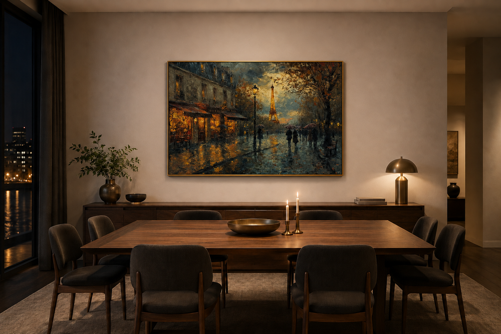 Framed canvas wall art of a rainy Paris street at night with the Eiffel Tower in a dining room.