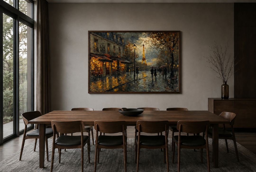 Framed canvas wall art of a rainy Paris street with the Eiffel Tower in warm, golden tones.