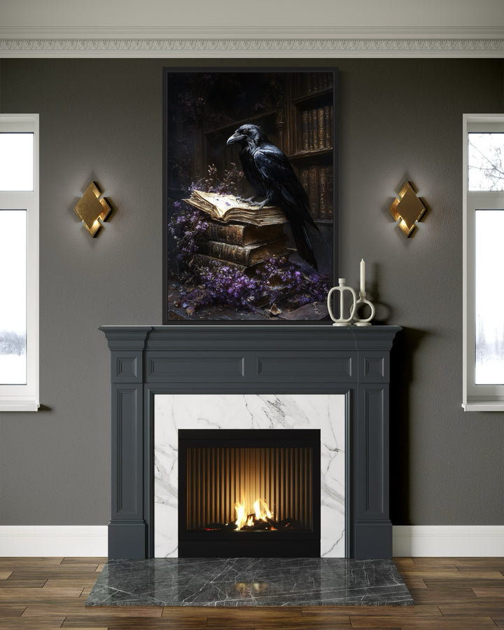 Raven In The Library With Withered Flowers Framed Gothic Wall Art