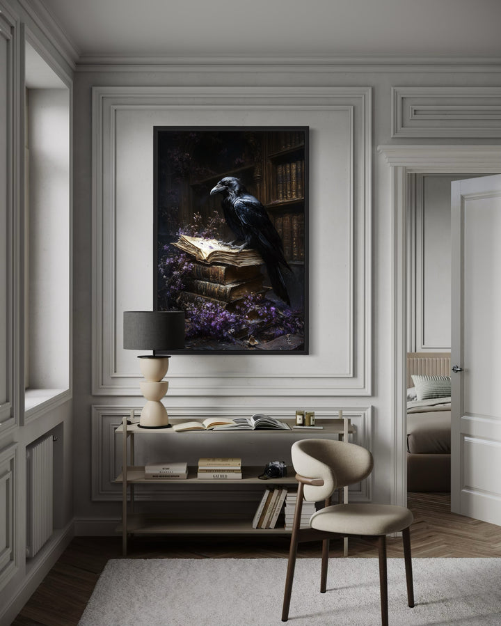 Raven In The Library With Withered Flowers Framed Gothic Wall Art