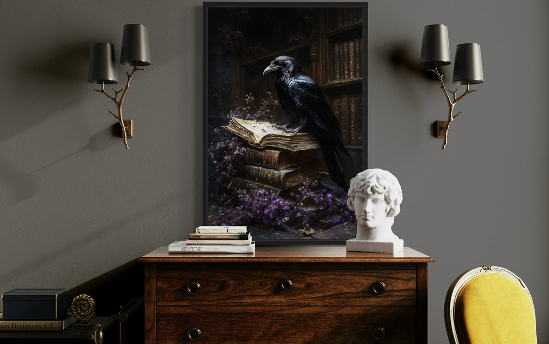 Raven Lib Framed gothic wall art of a raven in a library with withered flowers.