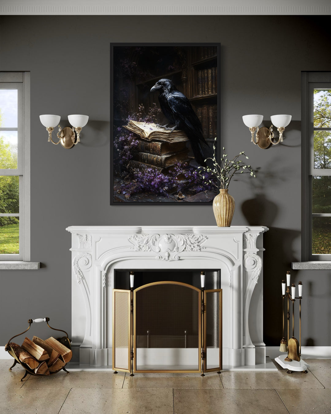 Library Wall Decor - Raven In The Library With Withered Flowers Framed Gothic Wall Art