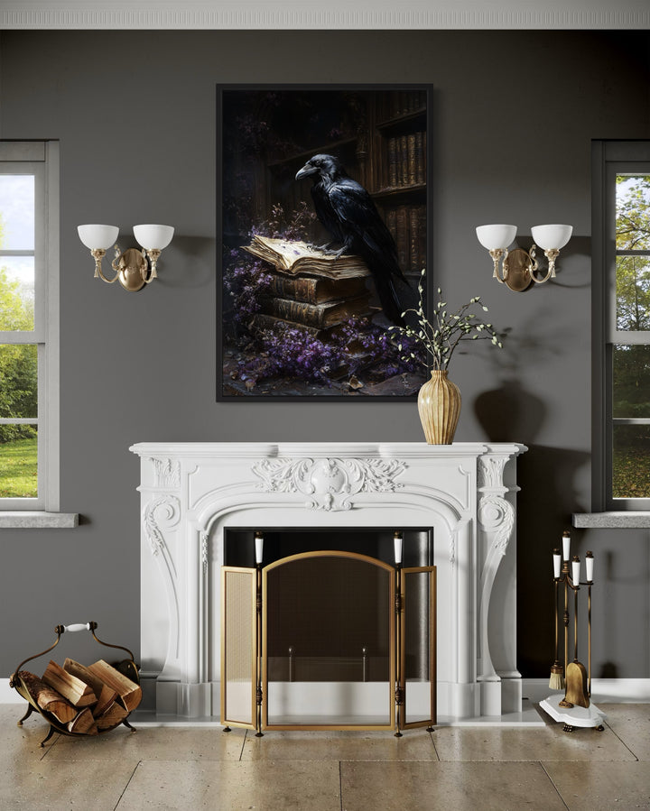 Raven In The Library With Withered Flowers Framed Gothic Wall Art