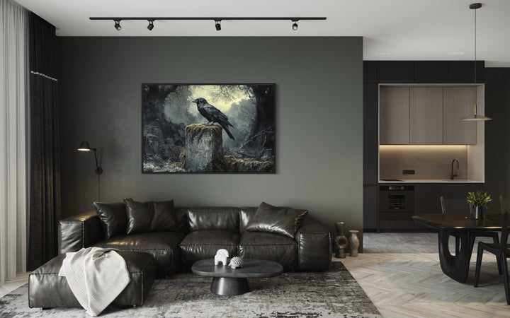 Raven On A Tomb Stone At Cemetery Framed Gothic Wall Art in a living room filled with furniture and a painting on the wall