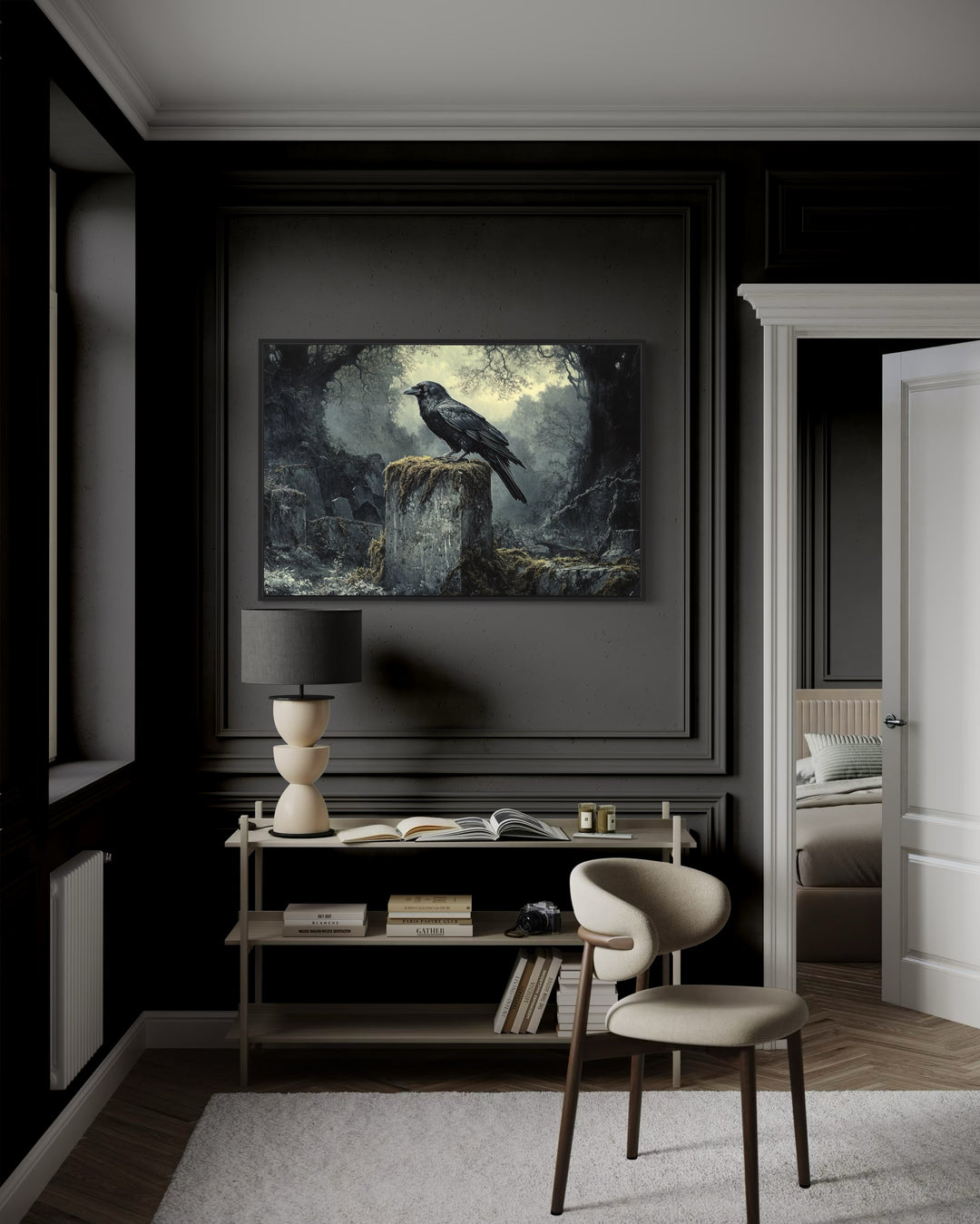 Raven On A Tomb Stone At Cemetery Framed Gothic Wall Art in a room with a chair and a painting on the wall