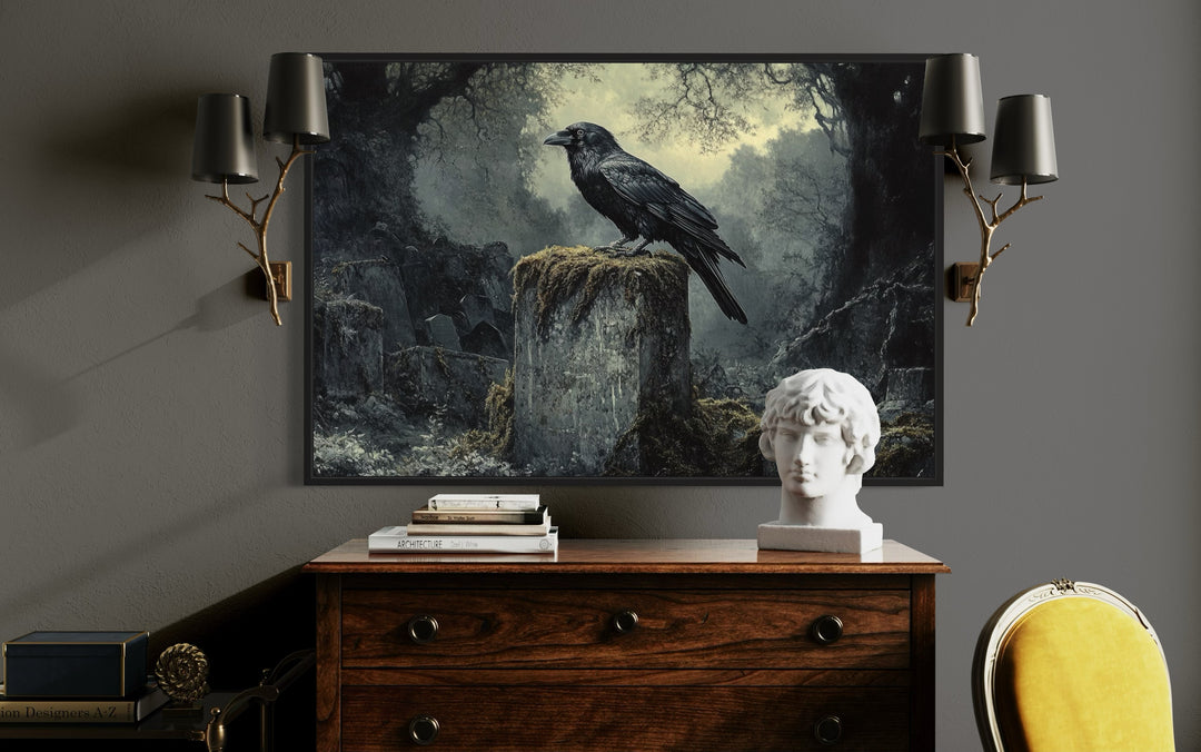 Raven On A Tomb Stone At Cemetery Framed Gothic Wall Art in library