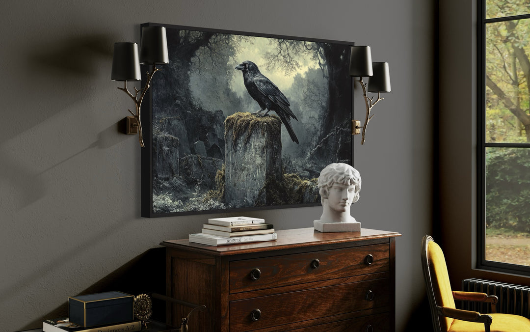 Raven On A Tomb Stone At Cemetery Framed Gothic Wall Art above a dresser