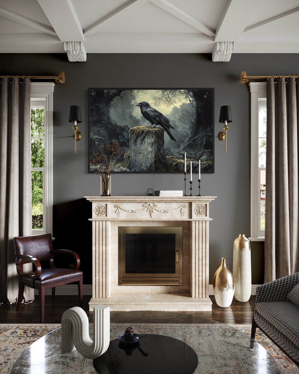 Framed gothic wall art of a black raven on a tombstone above a fireplace in a dark academia room.