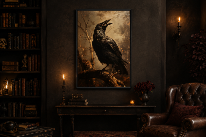 Framed gothic wall art of a black raven on a branch in a dark, moody study with vintage decor.