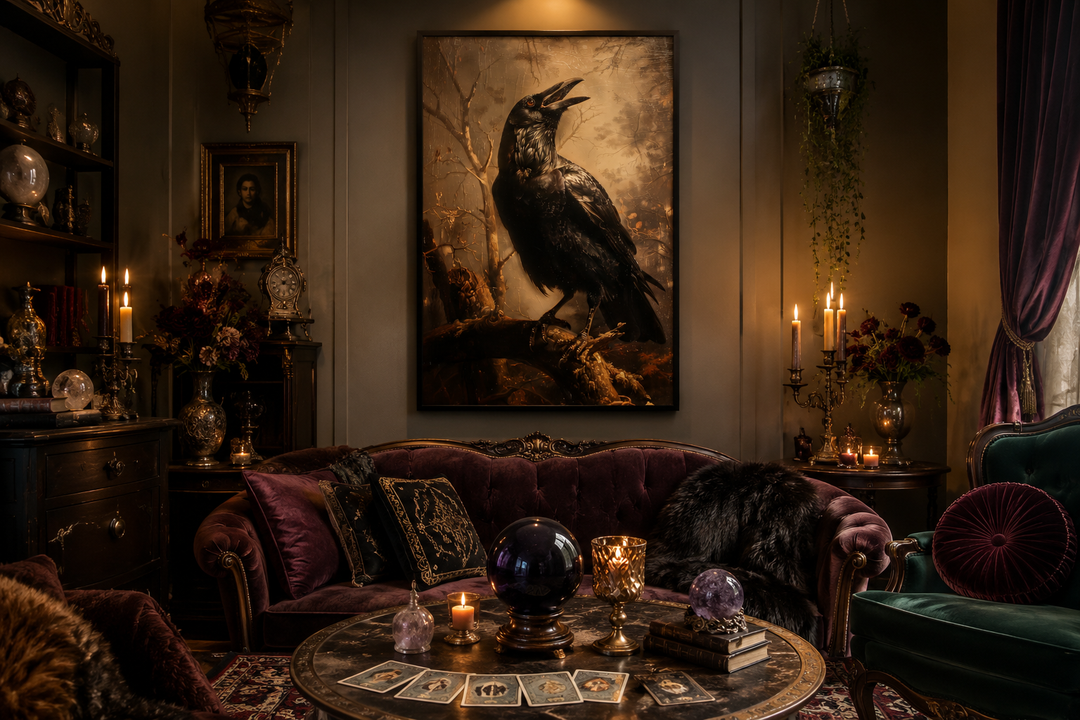 Gothic wall art of a black raven on a branch, framed above a purple velvet sofa in a moody room.