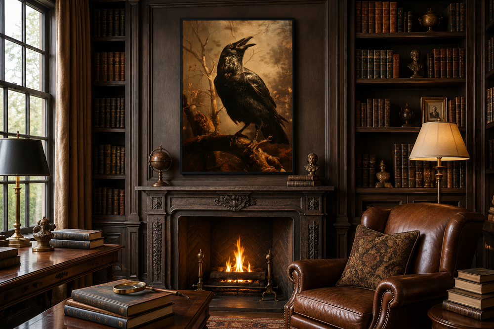 Raven On A Branch Vintage Gothic Halloween Wall Art framed above a fireplace in a dark library.