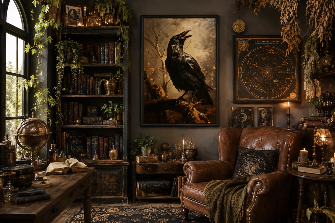 Gothic wall art of a black raven on a branch in a dark, moody study with vintage decor.