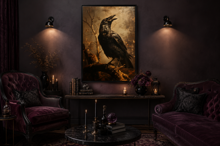 Framed vintage gothic wall art of a black raven on a branch in a dark, moody room.