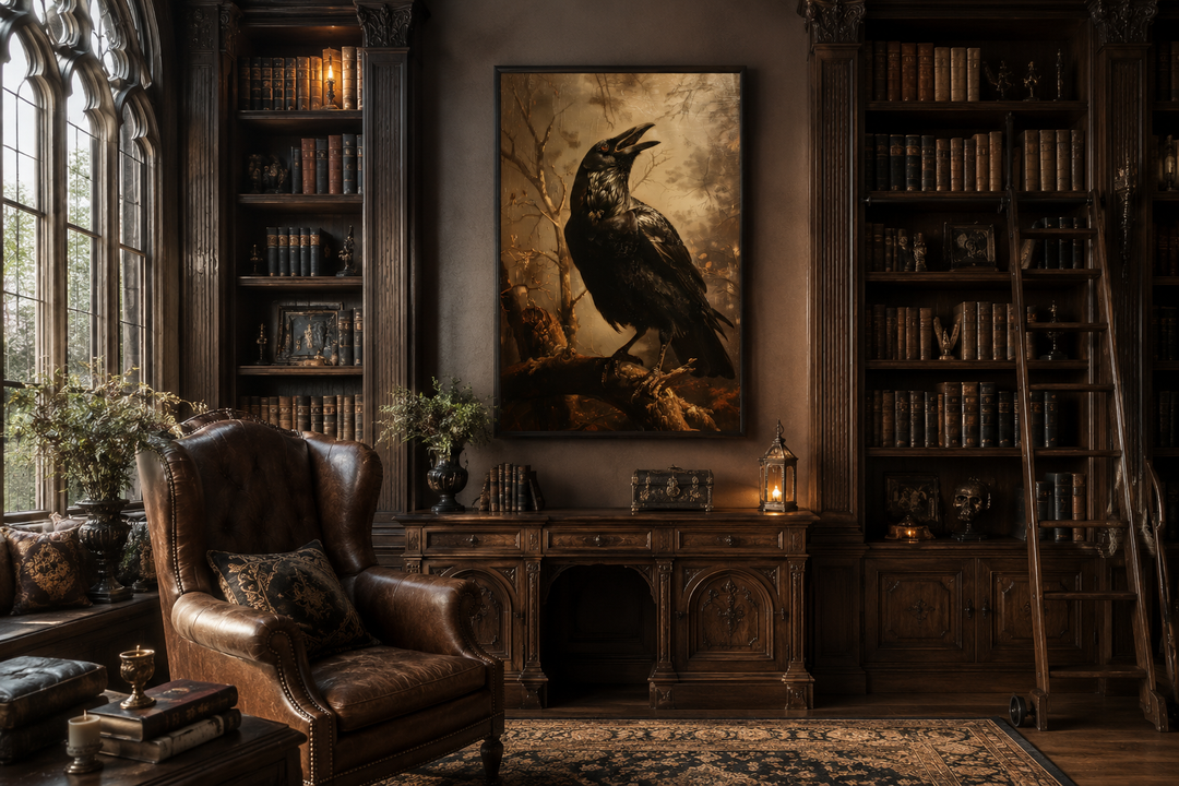 Vintage gothic wall art of a black raven on a branch in a dark, moody library setting.