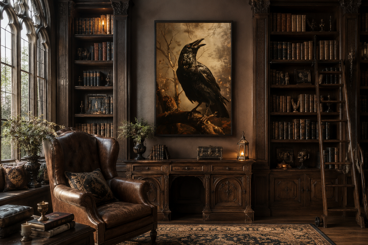 Vintage gothic wall art of a black raven on a branch in a dark, moody library setting.