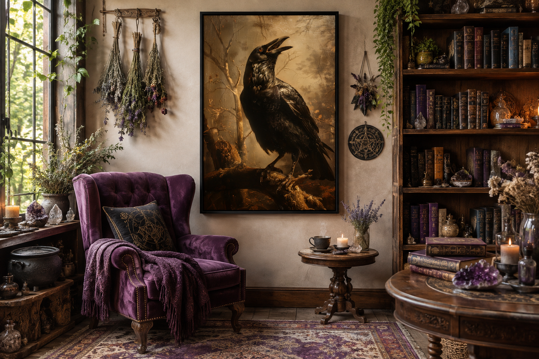 Framed gothic wall art of a black raven on a branch in a moody, vintage-style room setting.