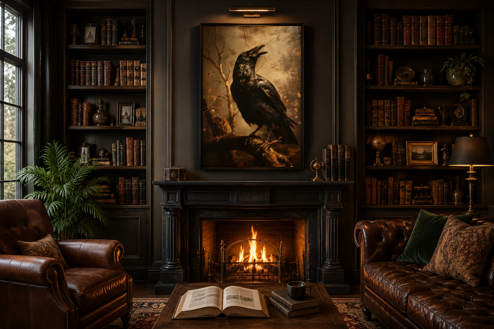 Vintage gothic wall art of a black raven on a branch, framed above a fireplace in a dark library.