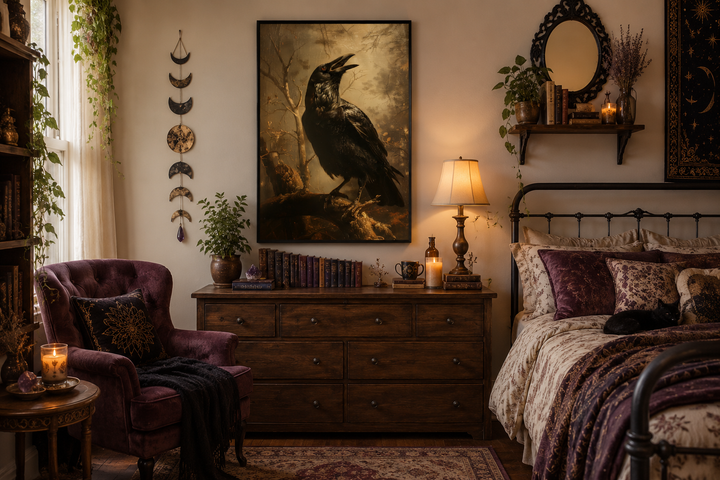 Framed gothic wall art of a black raven on a branch in a dark, moody vintage bedroom setting.