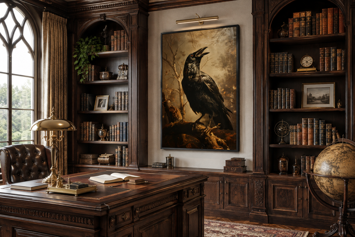Gothic raven on a branch canvas wall art in a dark wood study with bookshelves and a desk.
