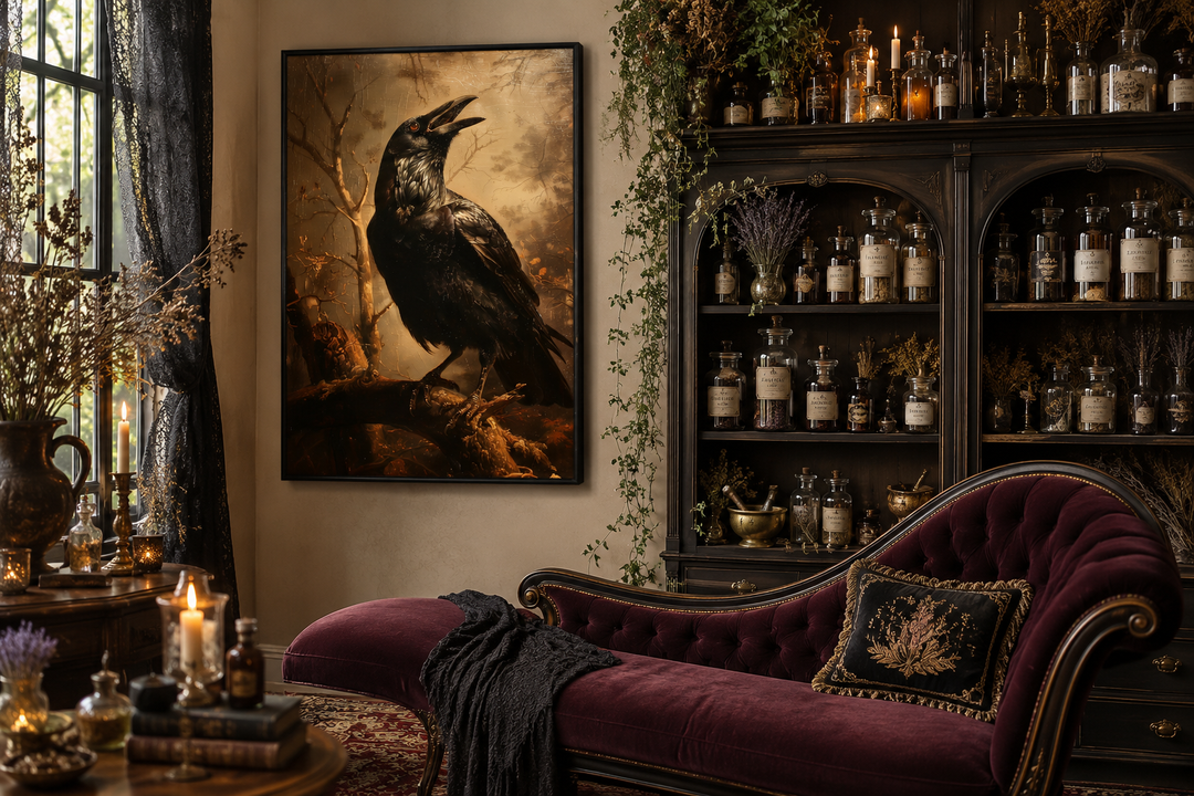 Framed gothic wall art of a black raven on a branch in a dark, moody room with a velvet chaise.