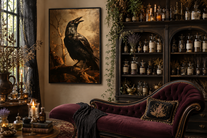 Framed gothic wall art of a black raven on a branch in a dark, moody room with a velvet chaise.