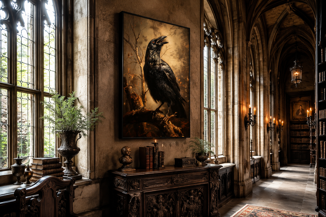 Vintage gothic wall art of a black raven on a branch in a dark, moody forest setting.