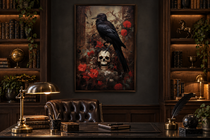 Gothic framed canvas wall art of a raven perched on a skull with red flowers in a dark study.