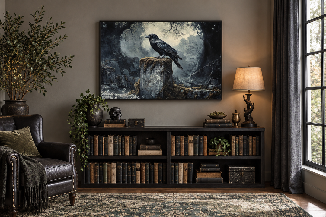 Framed gothic wall art of a black raven perched on a tombstone in a misty cemetery.