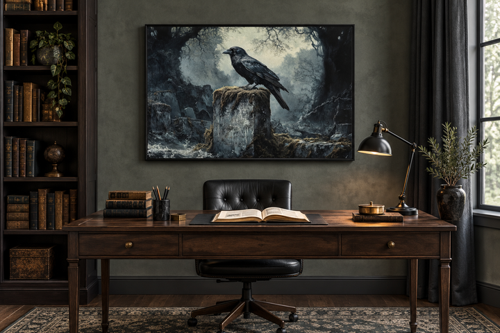 Raven on a tombstone framed gothic wall art hanging above a dark wood desk in a study.