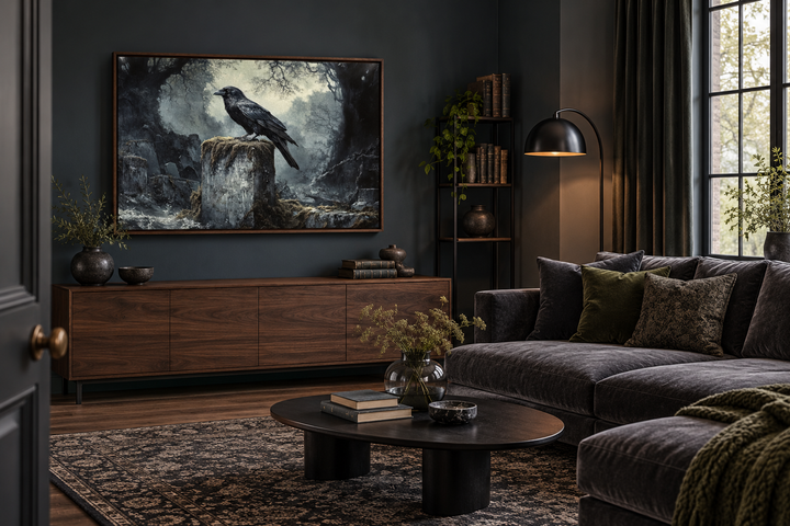 Raven on a tombstone at a cemetery framed gothic wall art in a dark academia living room.