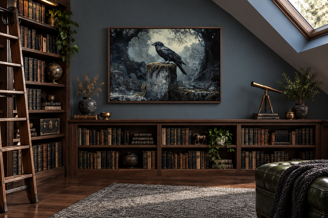 Framed gothic wall art of a black raven on a tombstone in a dark, misty cemetery.