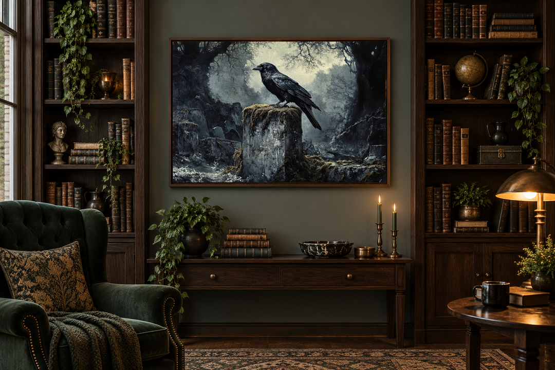 Framed gothic wall art of a black raven on a tombstone in a misty cemetery, in a dark library.