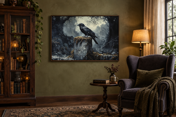 Framed gothic wall art of a black raven on a tombstone in a misty cemetery, in a dark reading room.