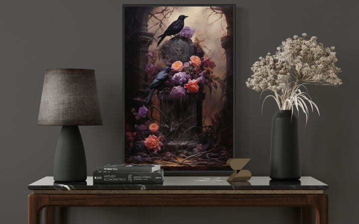 Ravens on Tombstone With Purple Flowers Gothic Framed Canvas Wall Art