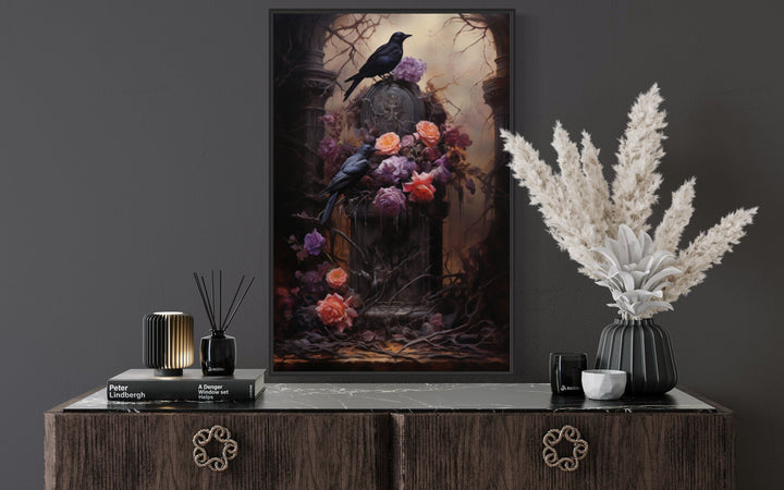 Ravens on Tombstone With Purple Flowers Gothic Framed Canvas Wall Art