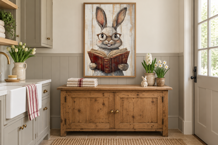 Smart Bunny Reading A Book Framed Canvas Wall Art in a rustic farmhouse laundry room setting.
