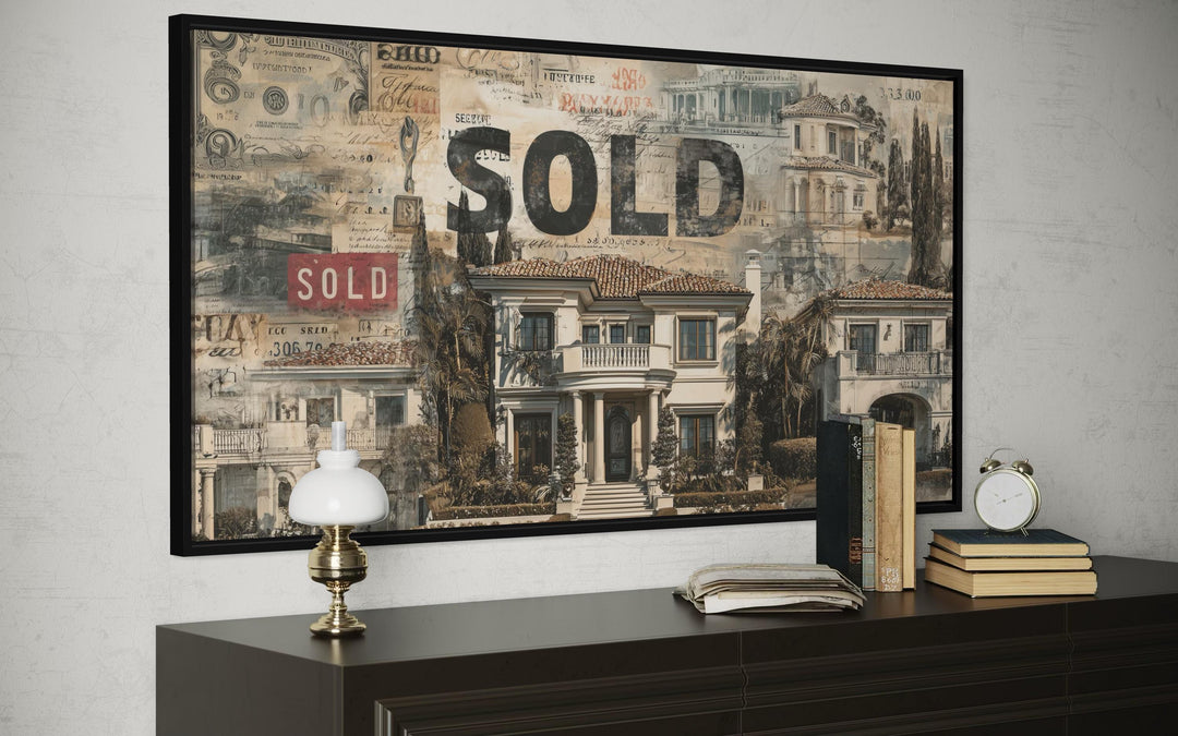 Real Estate Office Wall Art featuring a luxury mansion money collage with a bold SOLD stamp.