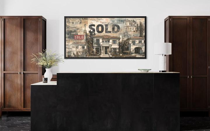 Real Estate Office Wall Art featuring a luxury mansion money collage with a bold SOLD stamp.