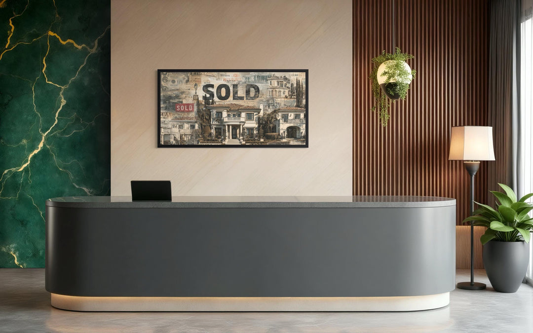 Real estate office wall art featuring a luxury mansion money collage with a bold SOLD stamp.