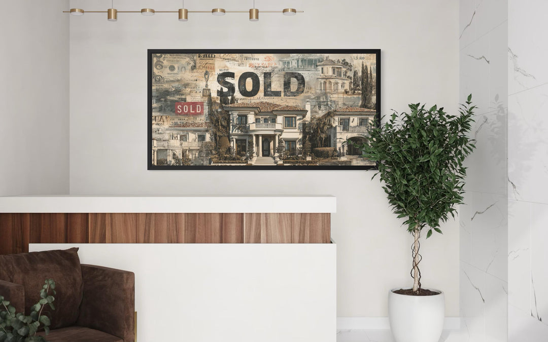 Real Estate Office Wall Art featuring a luxury mansion money collage with a bold SOLD stamp.