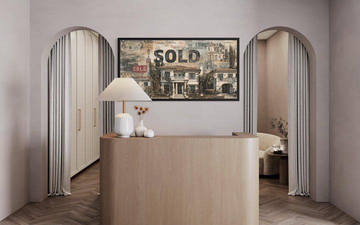 Real Estate Office Wall Art featuring a luxury mansion money collage with a bold SOLD stamp.